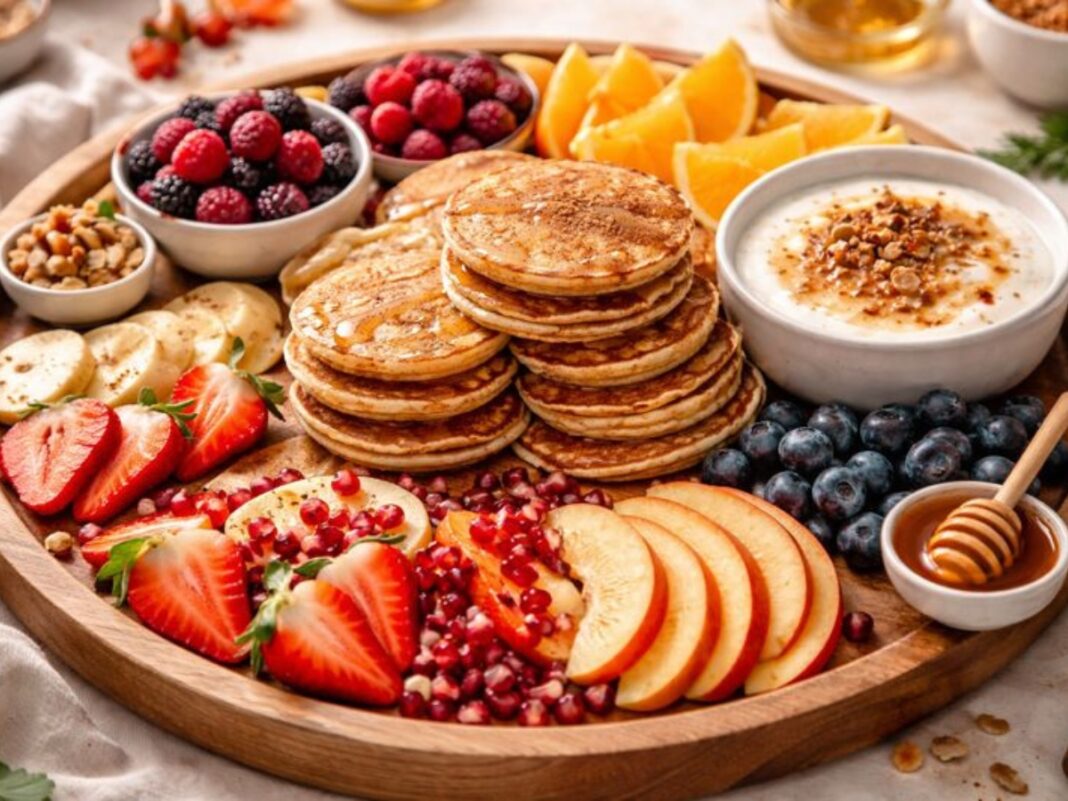 Festive board πρωινού με pancakes κανέλας, φρούτα και γιαούρτι