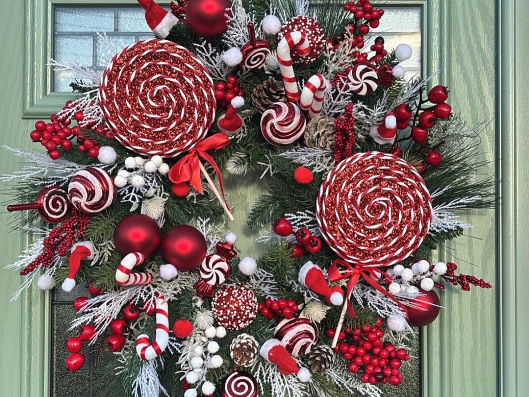 DIY χριστουγεννιάτικο στεφάνι candy cane με φυσικά κλαδιά και γλειφιτζούρια