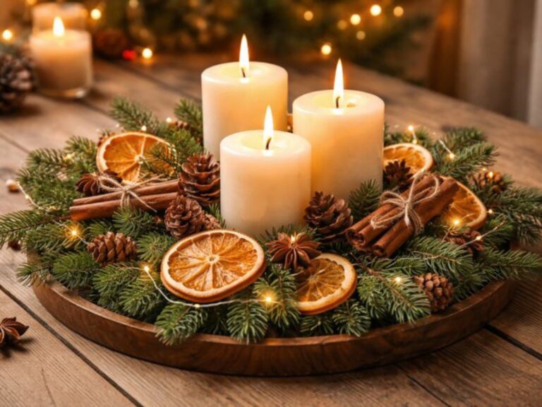 Χριστουγεννιάτικο diy centerpiece με αποξηραμένο πορτοκάλι, κανέλα και φύλλα ελάτου για ζεστή γιορτινή διακόσμηση