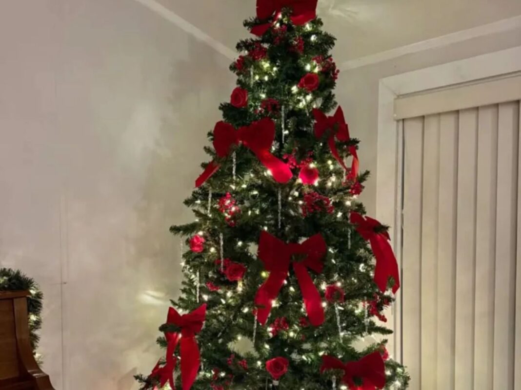 Ρομαντικό χριστουγεννιάτικο δέντρο με μεγάλους φιόγκους σε κόκκινο και καρώ – Η νέα τάση που αντικαθιστά τις μπάλες