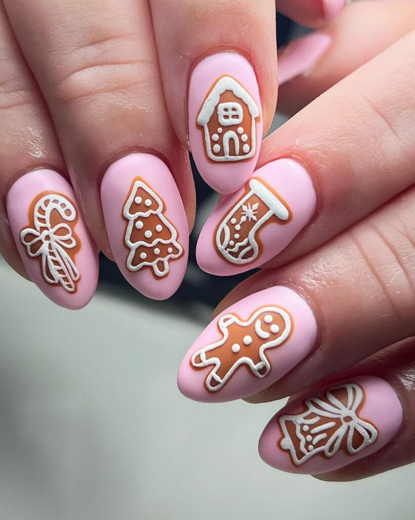 Gingerbread nail art με χριστουγεννιάτικα σχέδια, φιόγκους και μικρά gingerbread