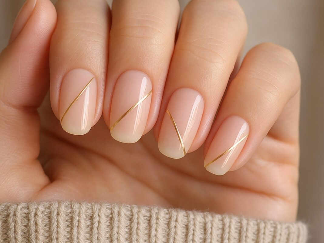 Αέρινο nail art με χρυσές λεπτές γραμμές για κομψό και διακριτικό αποτέλεσμα