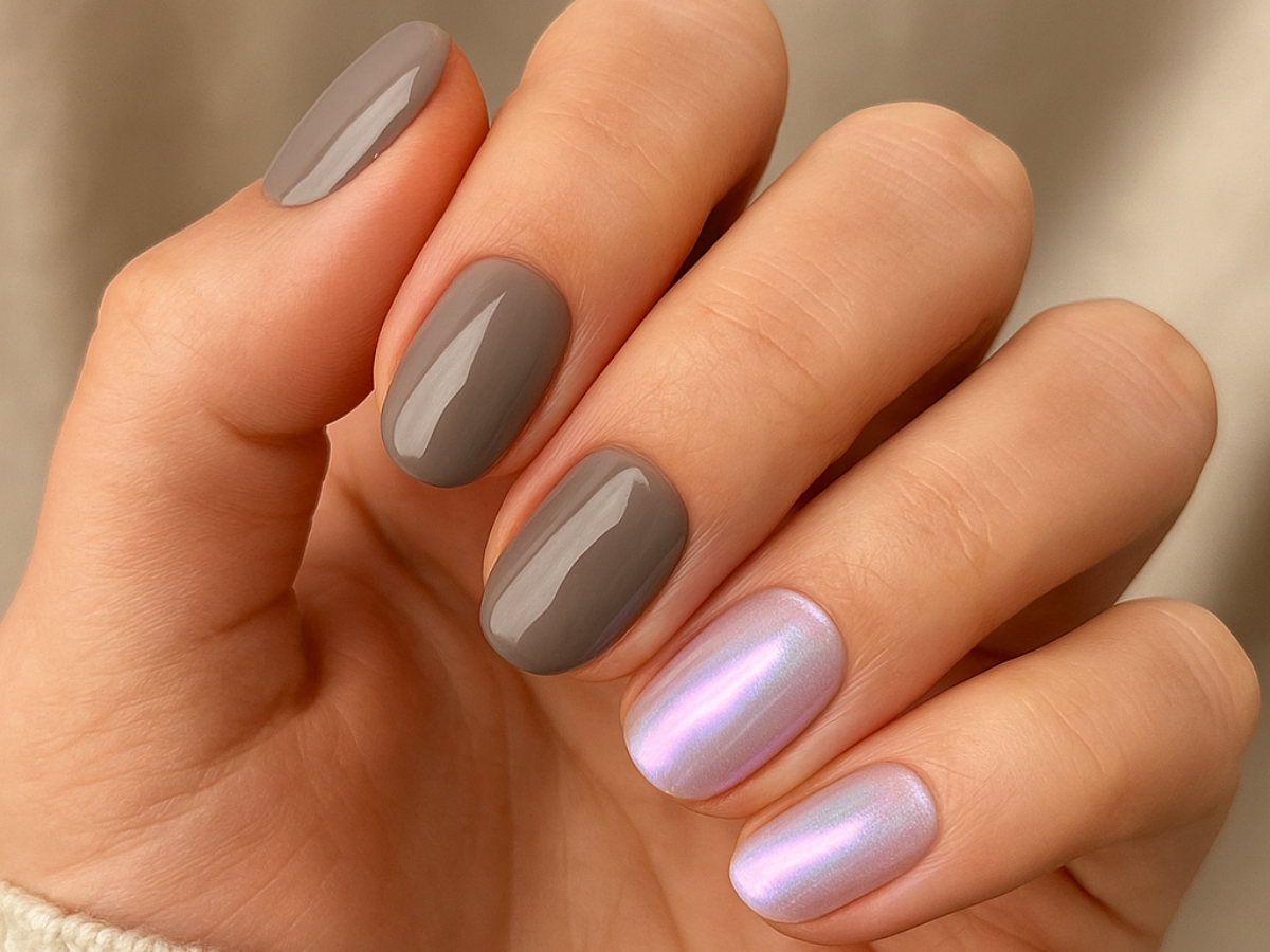 Cooled taupe και ροζ glam νύχια: Η chic εορταστική τάση με γκρι καφέ και ιριδίζουσα λάμψη