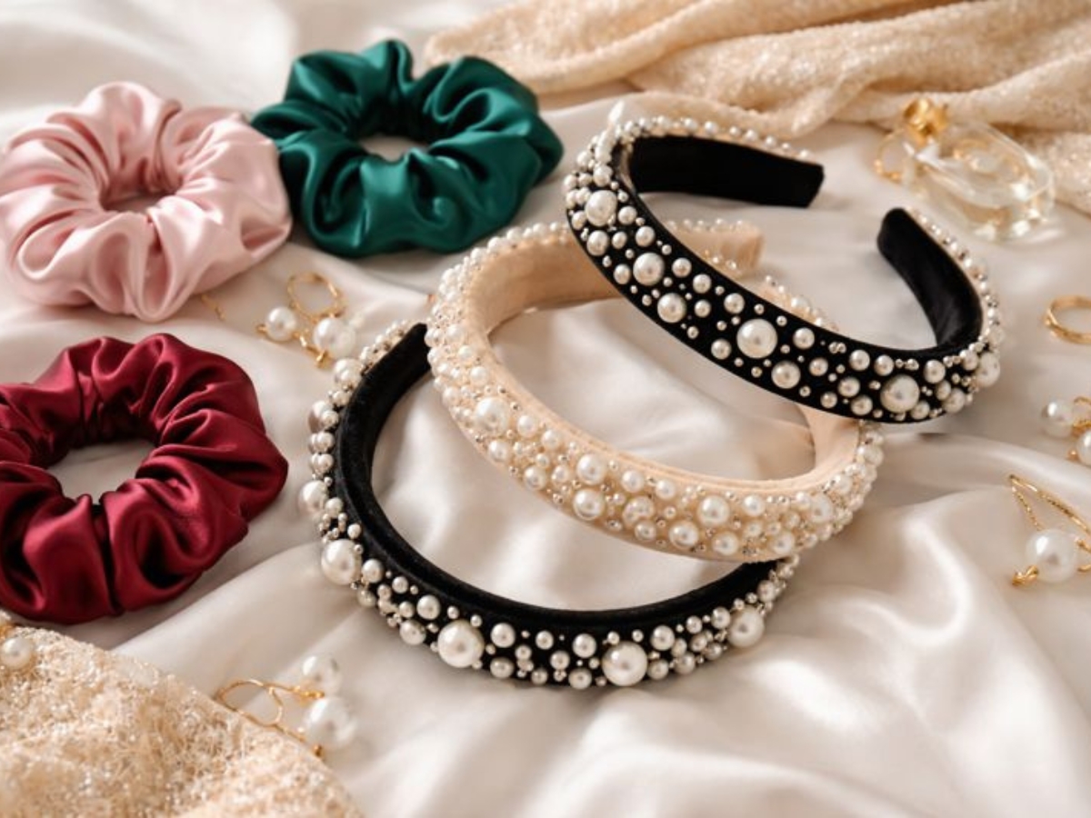 Festive αξεσουάρ μαλλιών για γιορτές, κορδέλες με πέρλες και σατέν scrunchies που αναβαθμίζουν κάθε look