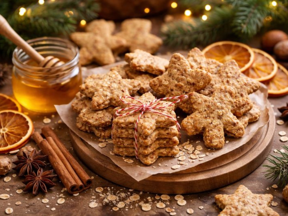 Γιορτινά μπισκότα με λίγη ζάχαρη, βρώμη, μπαχαρικά και μέλι για πιο ανάλαφρες γιορτές