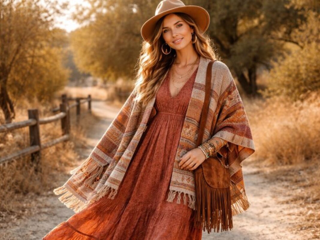 Boho chic layering με μάξι φορέματα και poncho σε ζεστές αποχρώσεις