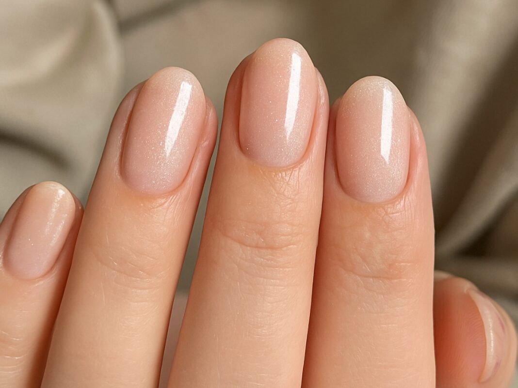 Nude shimmering nails για διακριτική λάμψη που ταιριάζει σε όλες