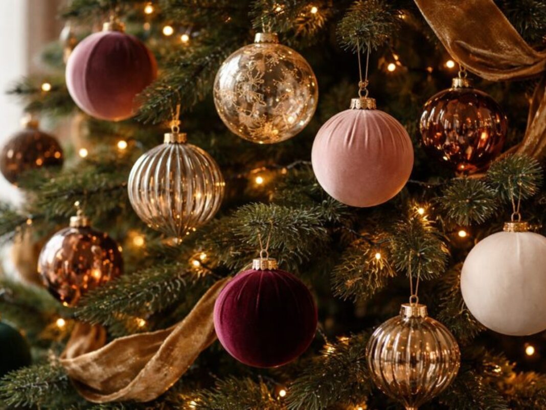Χριστουγεννιάτικος στολισμός με χειροποίητα γυάλινα στολίδια και βελούδινες μπάλες: Διαχρονική πολυτέλεια στο δέντρο