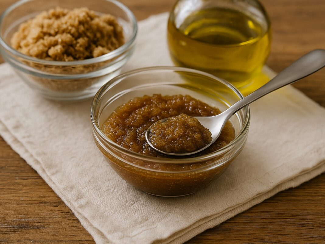 DIY φυσικό scrub με καστανή ζάχαρη και ελαιόλαδο για απαλή και λαμπερή επιδερμίδα