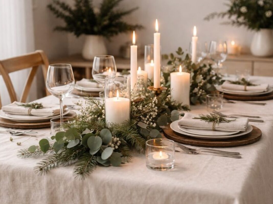 Μίνιμαλ στολισμός για το Πρωτοχρονιάτικο τραπέζι: λευκά λινά, φυσικές πινελιές και κεριά