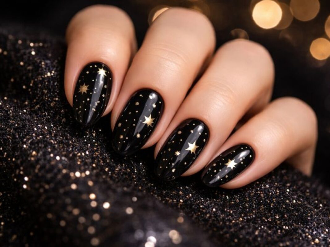 Μανικιούρ με μικρά χρυσά αστέρια – Twinkling star nails σε σκούρα βάση που μαγνητίζουν το βλέμμα