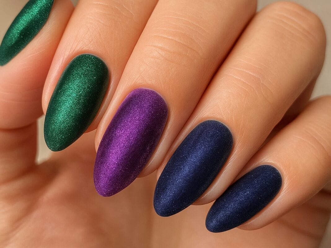 Velvet nails σε σμαραγδί, αμέθυστο και navy, το βελούδινο μανικιούρ που κυριαρχεί στα νύχια