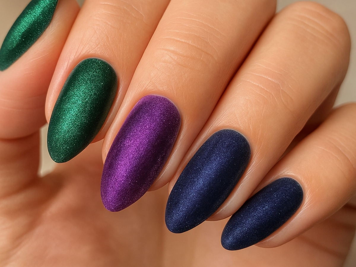 Velvet nails σε σμαραγδί, αμέθυστο και navy, το βελούδινο μανικιούρ που κυριαρχεί στα νύχια