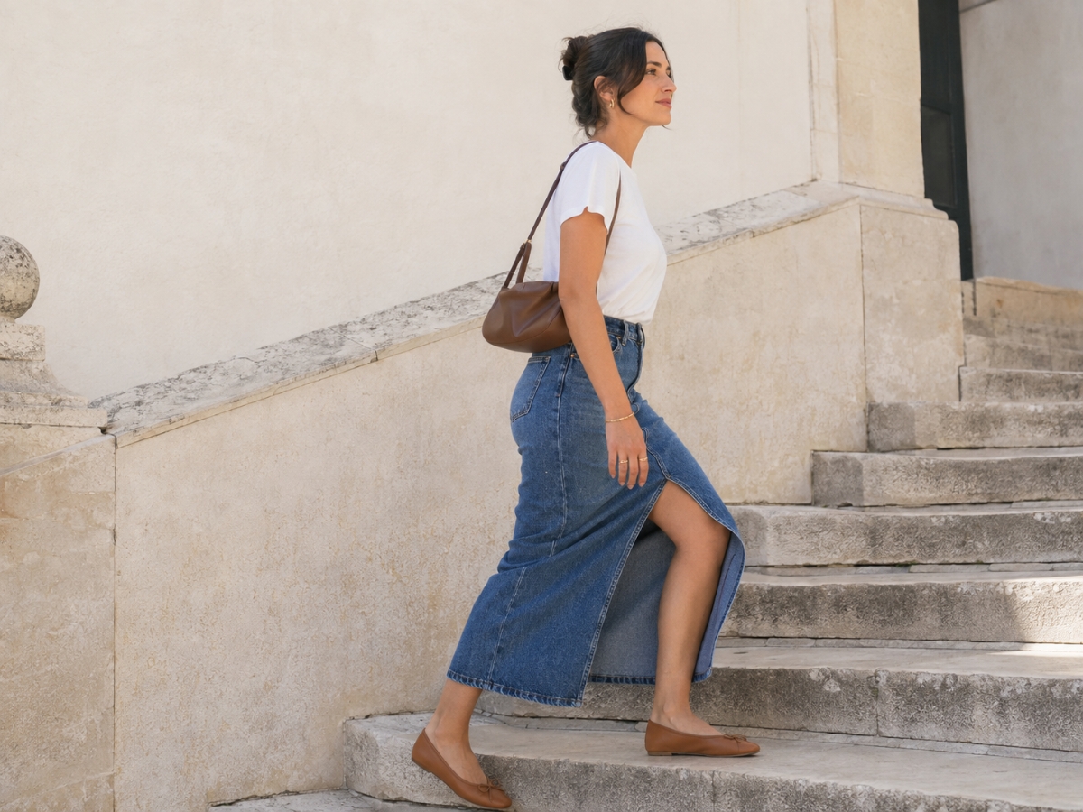 Denim maxi φούστα με σκίσιμο: 7 έλεγχοι για περπάτημα, κάθισμα και σκάλες